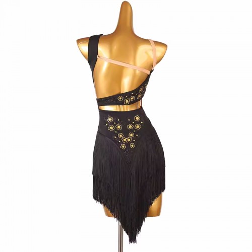 Black competition fringe latin dance dresses for women girls one shoulder salsa rumba chacha stage performance costumes for female